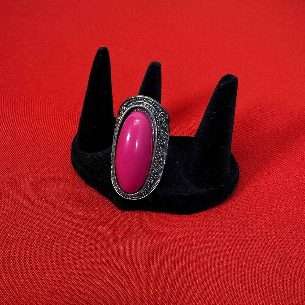 Chunky Silvertone Adjustable Ring With Large Faux Pink Stone